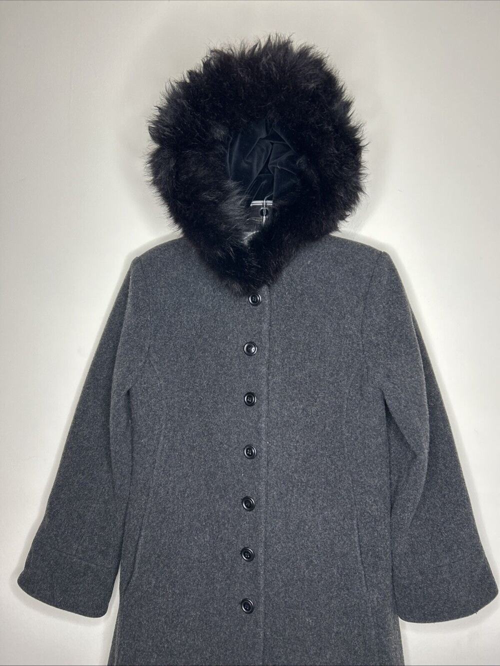 Vintage Albert Nipon Womens Wool Trench Coat Size 6 Gray Fox Fur Trim Old Money